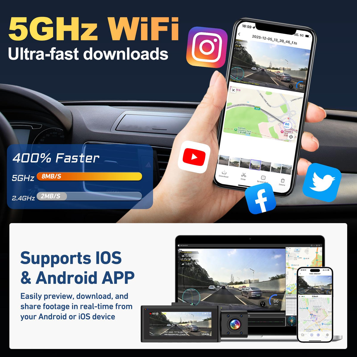 Vlokda 5GHz WiFi app control enables quick footage review on mobile