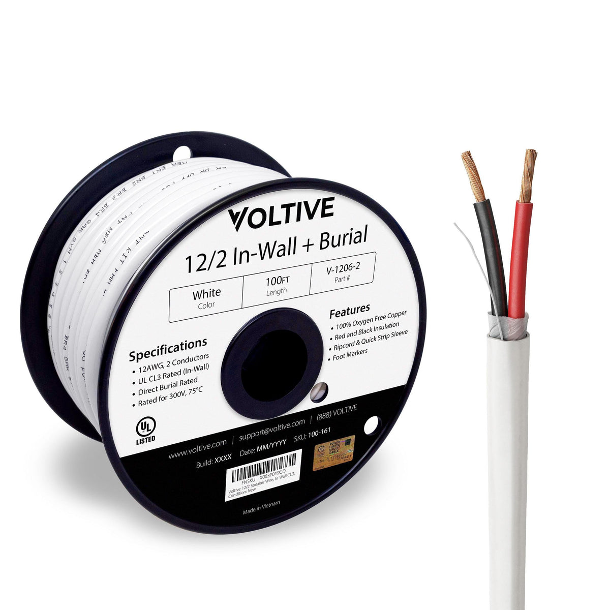 Voltive 12/2 speaker wire with white jacket, 100ft spool for in-wall installs
