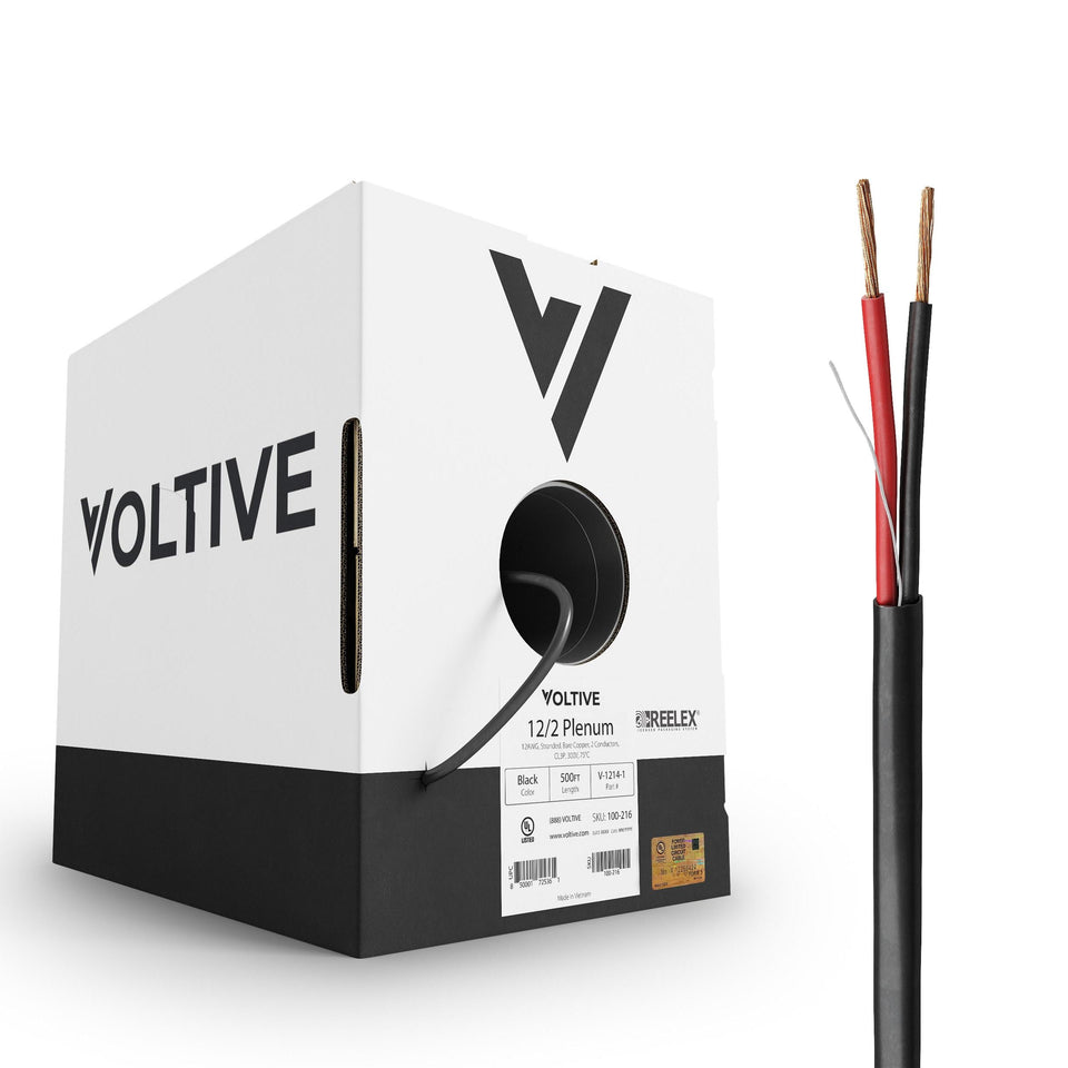Voltive 12/2 speaker wire with plenum jacket for safe in-wall installations.
