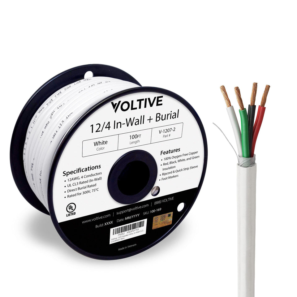Voltive 12/4 speaker wire with white jacket for in-wall installations.