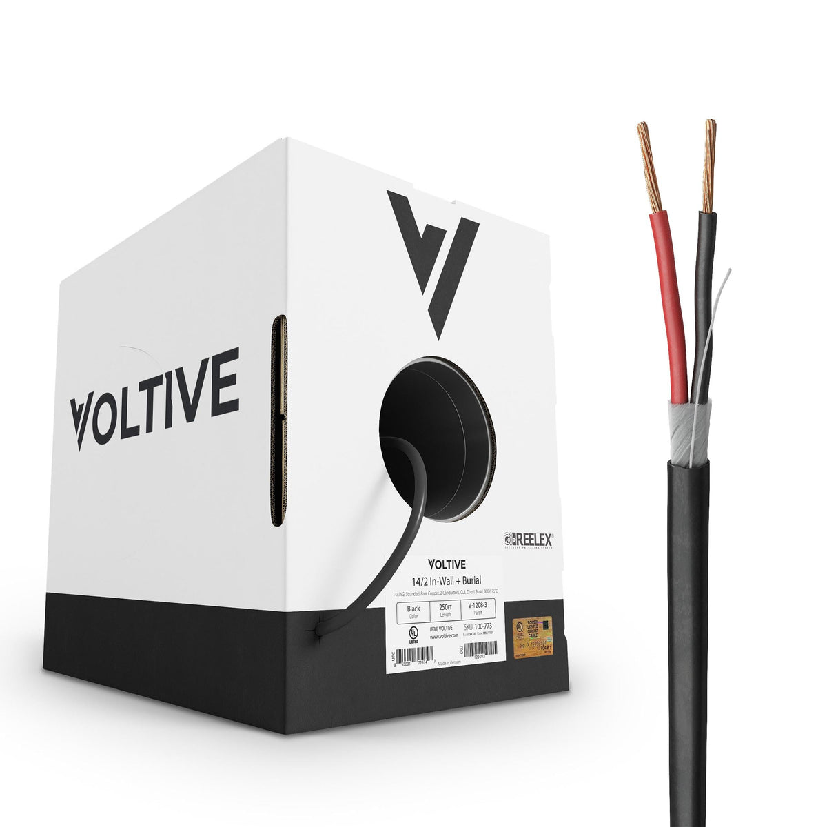 Voltive 14/2 speaker wire box showing organized packaging for easy installation.