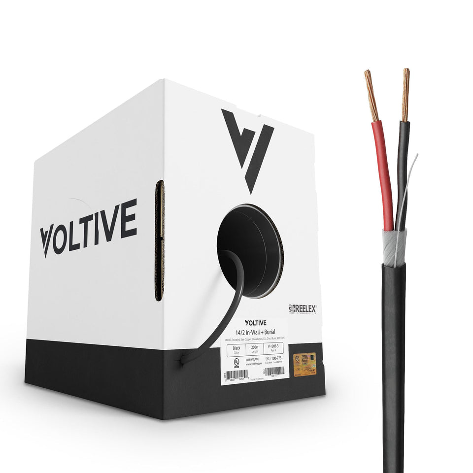 Voltive 14/2 speaker wire box showing organized packaging for easy installation.