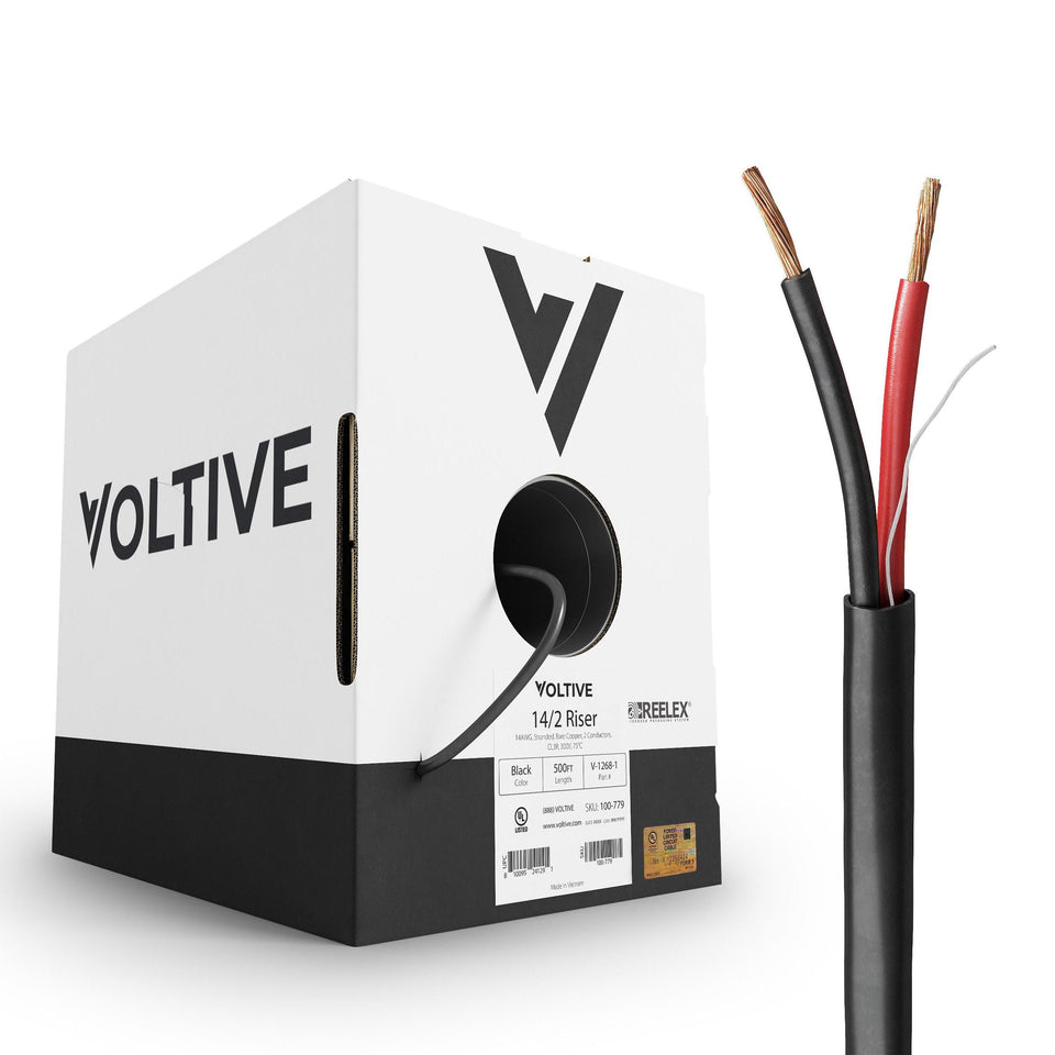 Voltive 14/2 speaker wire in black jacket with 500ft box for easy in-wall runs.