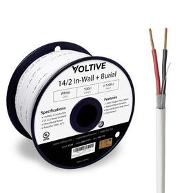 Voltive 14/2 spool front view showing white jacket and 100ft label for professional installs
