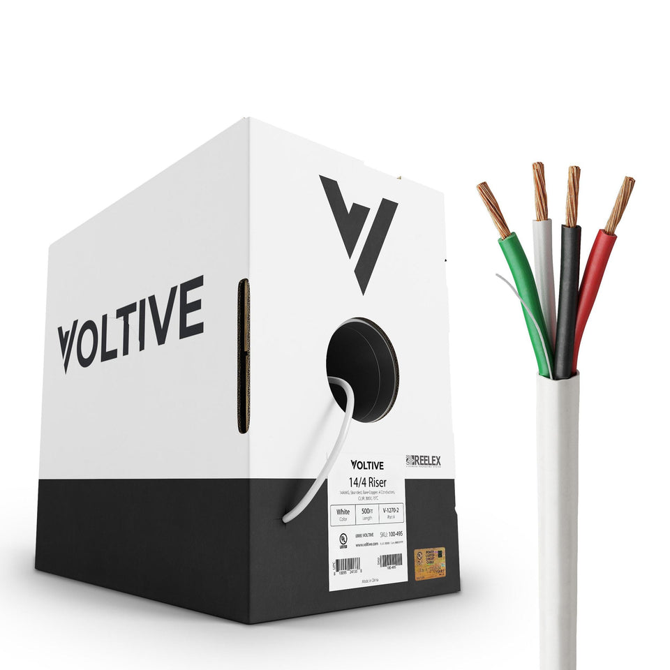 Voltive 14-4 speaker wire in white 500ft box—ideal for clean, organized speaker installations.