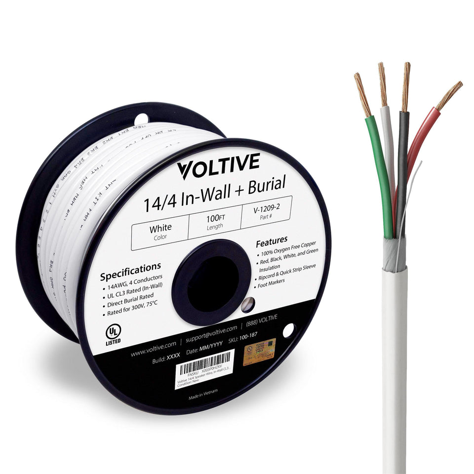 Voltive 14-4 speaker wire with a white jacket, neatly wound on a spool for easy handling.