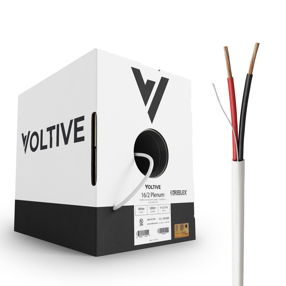 Voltive 16/2 speaker wire box with white jacket for installation.