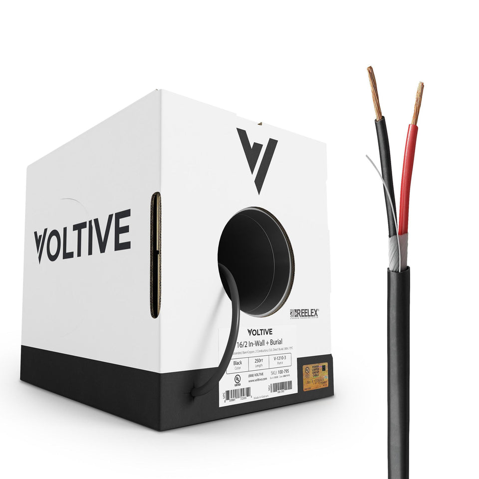 Voltive 16-2 speaker wire box image highlights sturdy packaging for easy pull and storage