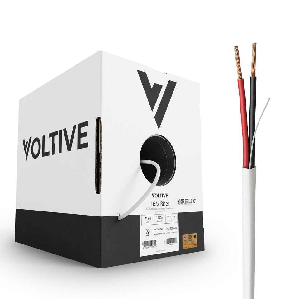 Voltive 16/2 speaker wire with white jacket on 1000ft spool for in-wall use.