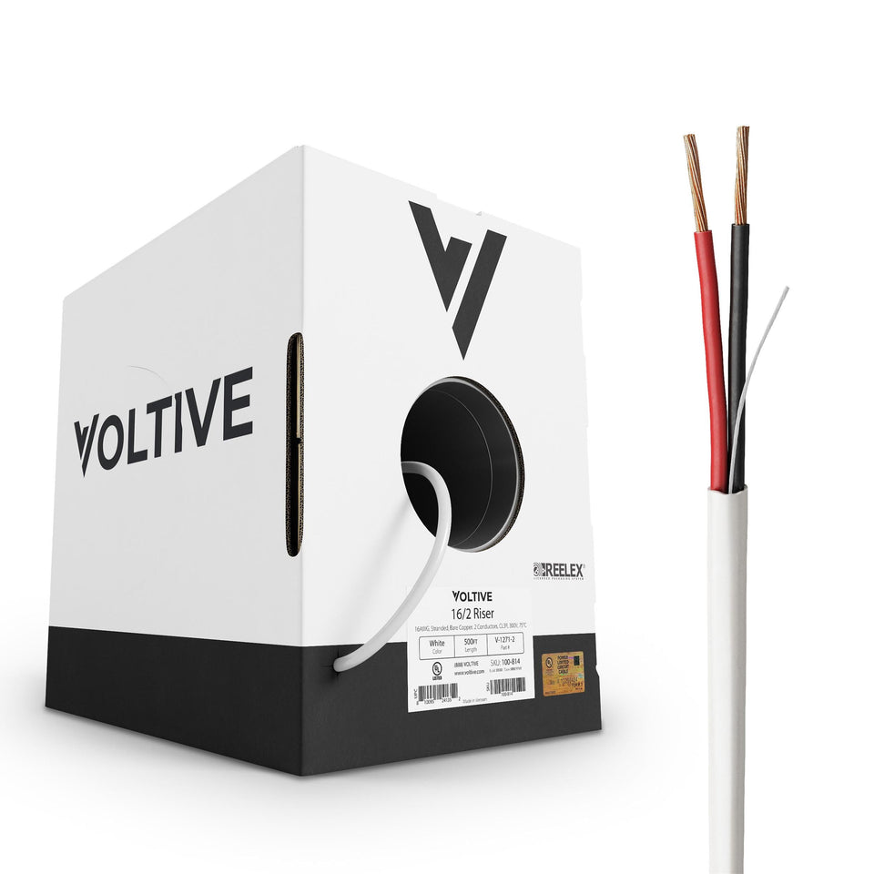 Voltive 16/2 speaker wire in white jacket, 500 ft box, for durable long runs.