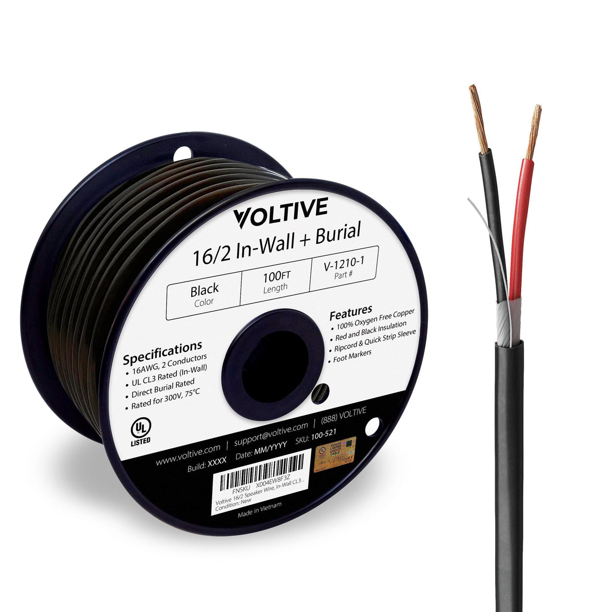 Voltive spool front view showing black jacket and 100ft benefit