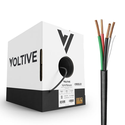 Voltive 16/4 speaker wire box with 500 ft reel, ideal for clean, high-quality audio installs.