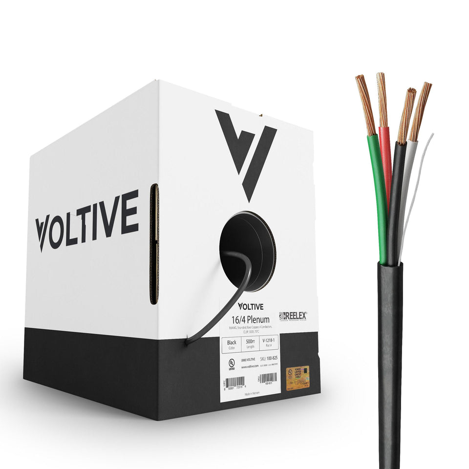 Voltive 16/4 speaker wire box with 500 ft reel, ideal for clean, high-quality audio installs.