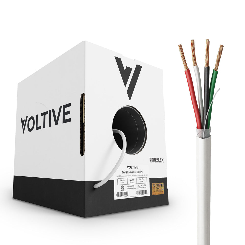 Voltive 16/4 speaker wire box in white, 250 ft, ready for easy setup.