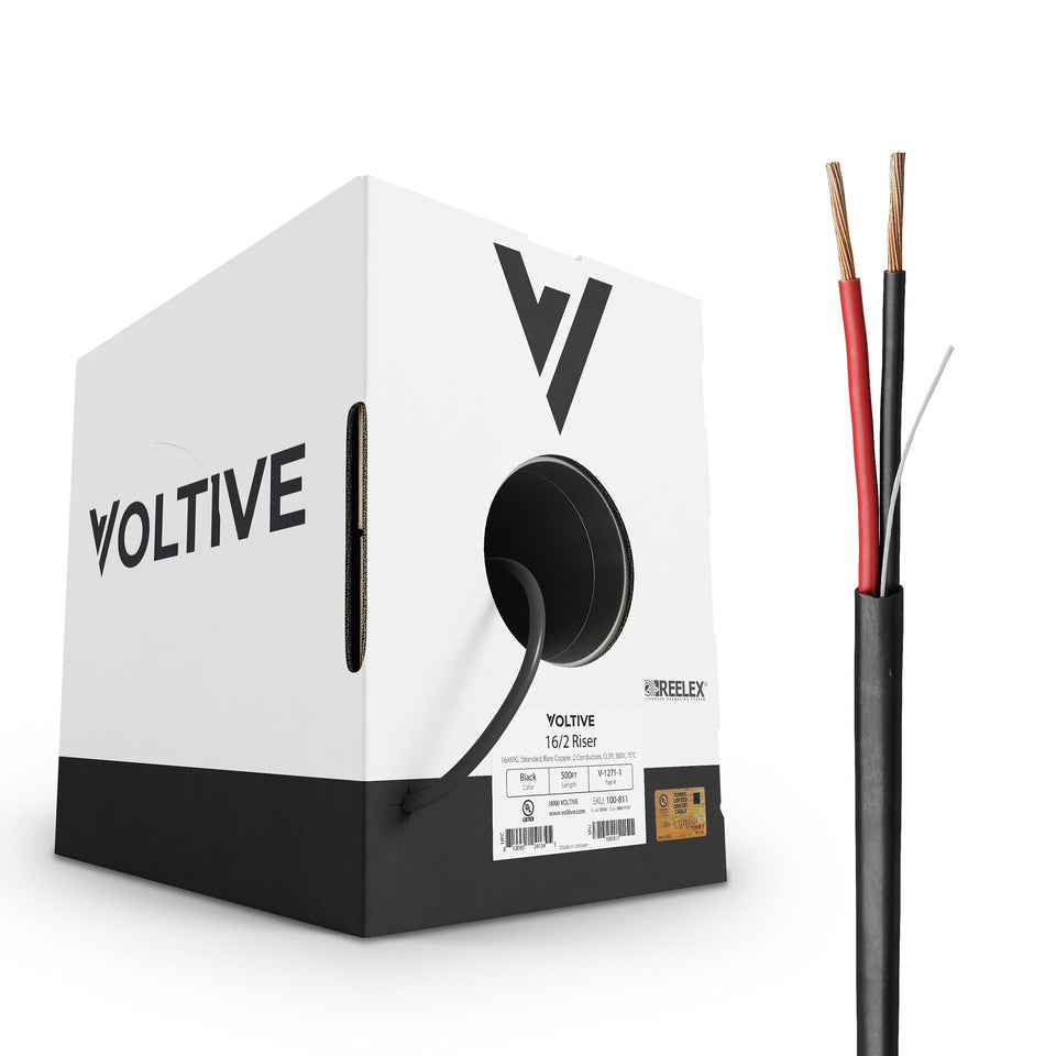 Voltive 16AWG two-conductor speaker wire in box for reliable home installation.