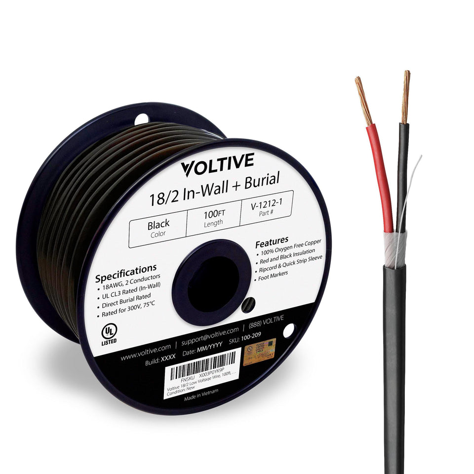 Voltive 18/2 spool front view showing label and black jacket, ensures easy identification