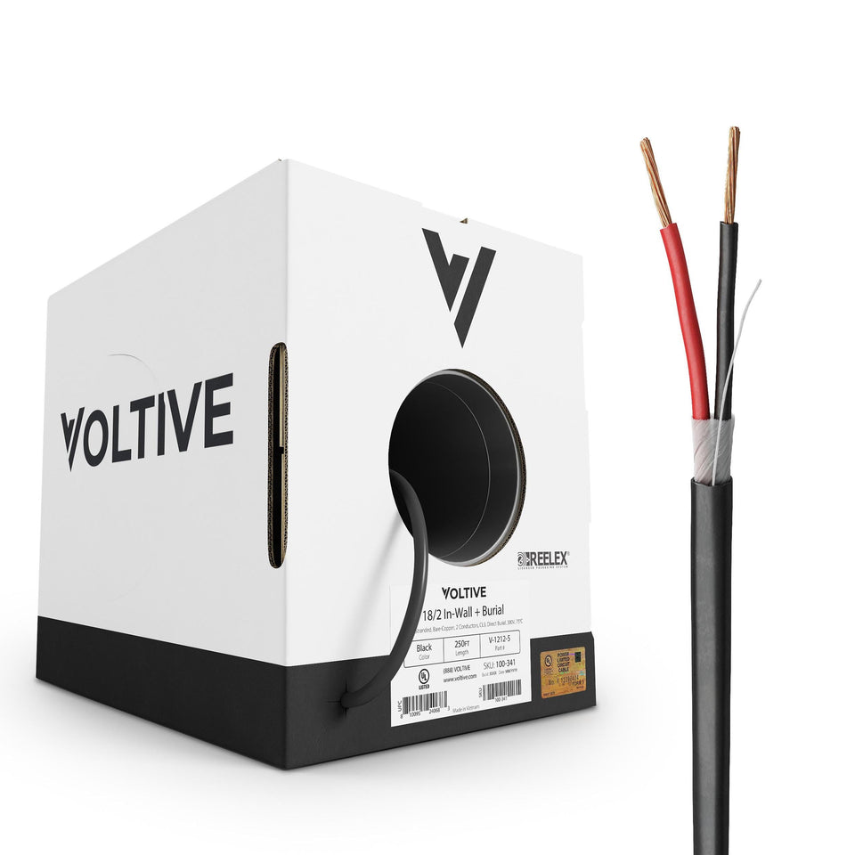 Voltive 18/2 low-voltage wire in a box, ready for fast installation.