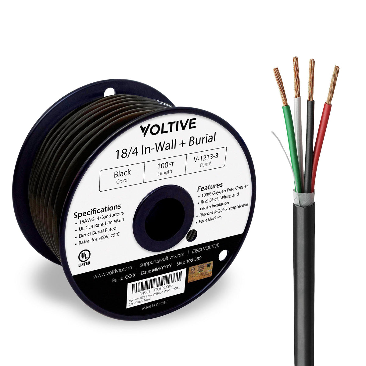 Voltive 18/4 front spool showing 100ft and black jacket, clear organization benefit