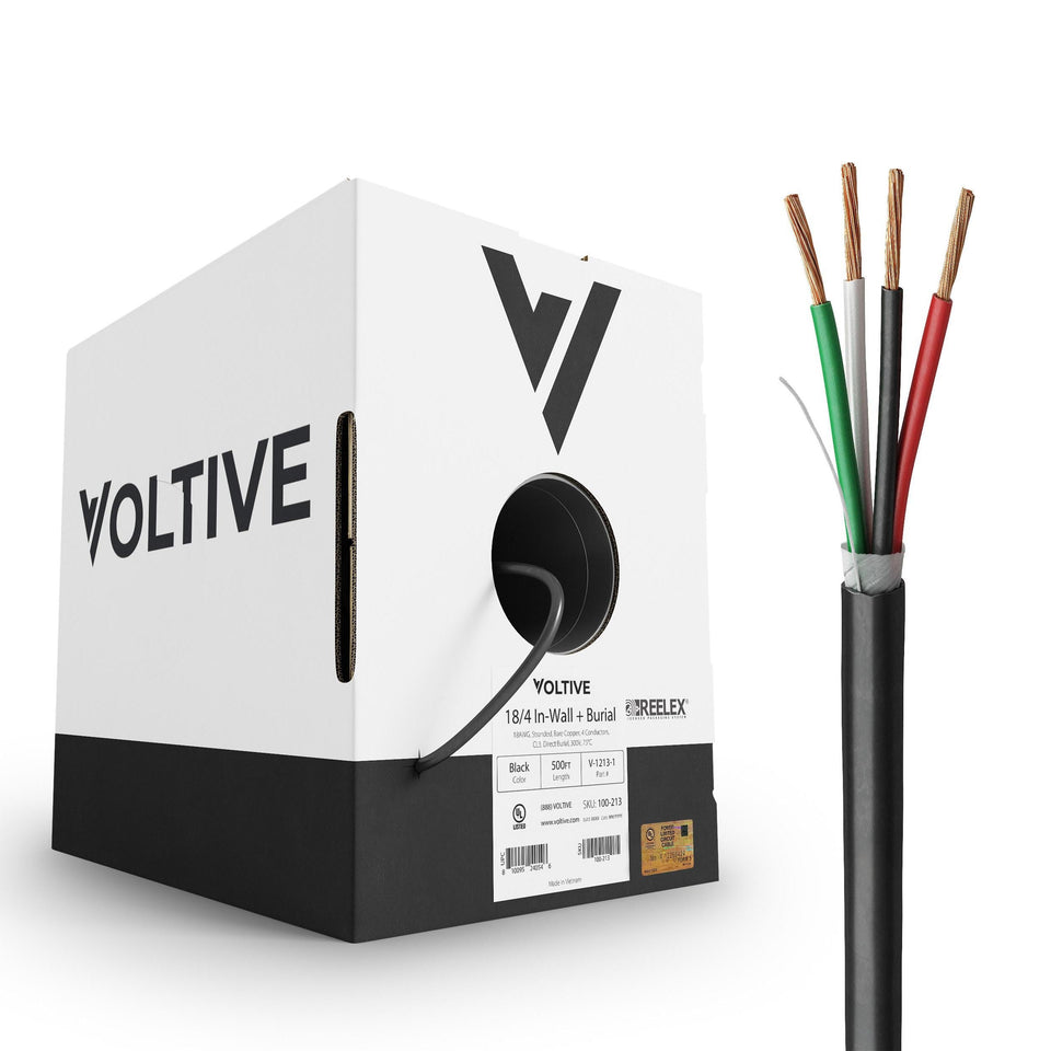 Voltive 18/4 wire with black jacket in a 500ft box, ready for in-wall installs.