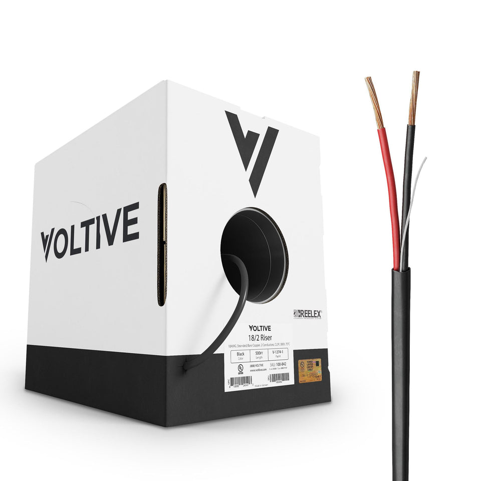 Voltive 18AWG 2-conductor wire in a 500 ft box for long, reliable low-voltage runs.