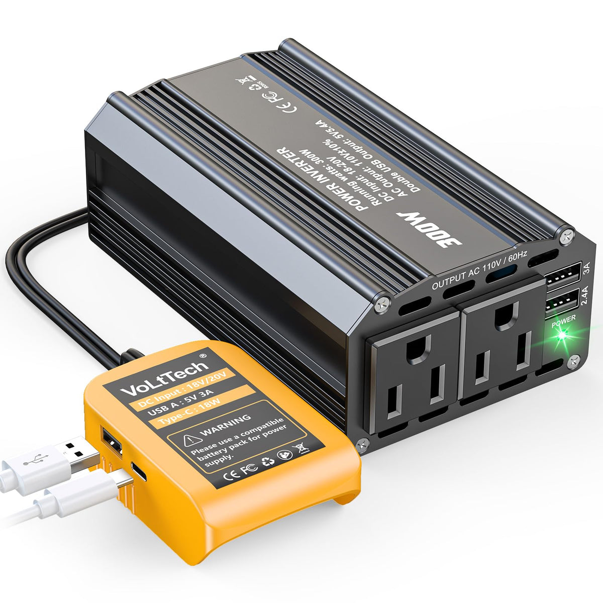 VoLtTech 300W inverter front view powering devices on the go with DeWalt compatibility