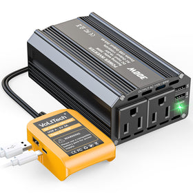 VoLtTech 300W inverter front view powering devices on the go with DeWalt compatibility