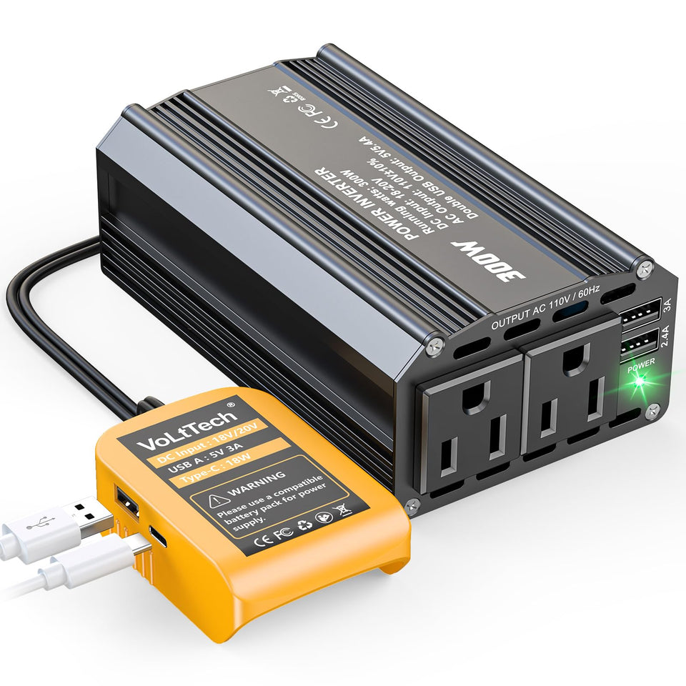 VoLtTech 300W inverter front view powering devices on the go with DeWalt compatibility