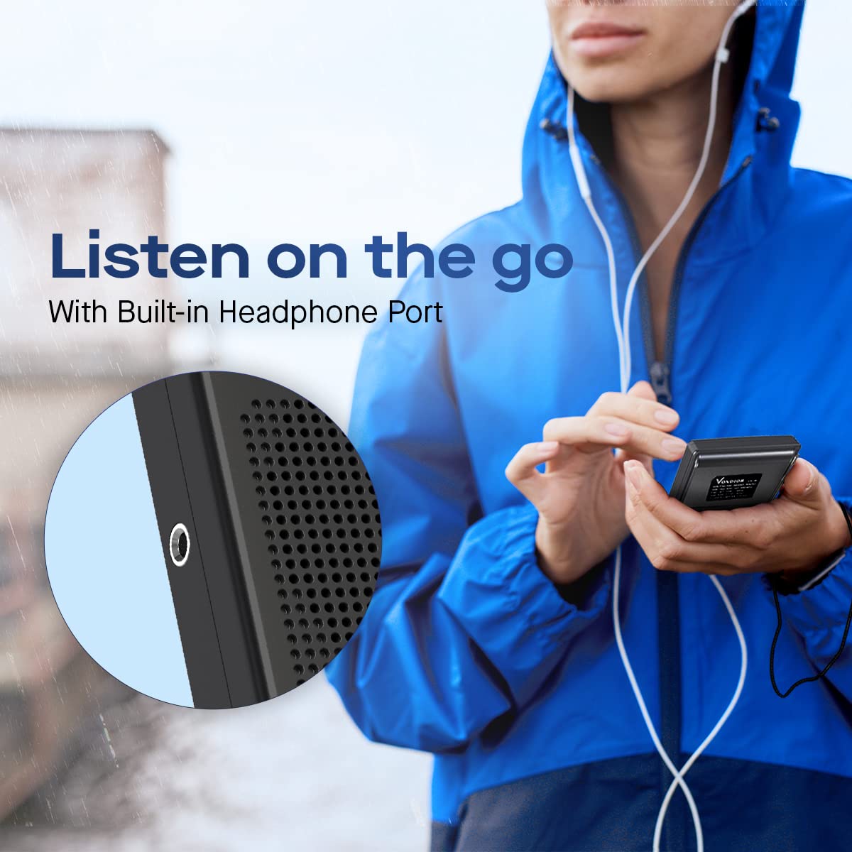 Vondior clear speaker and headphone jack enable private listening.