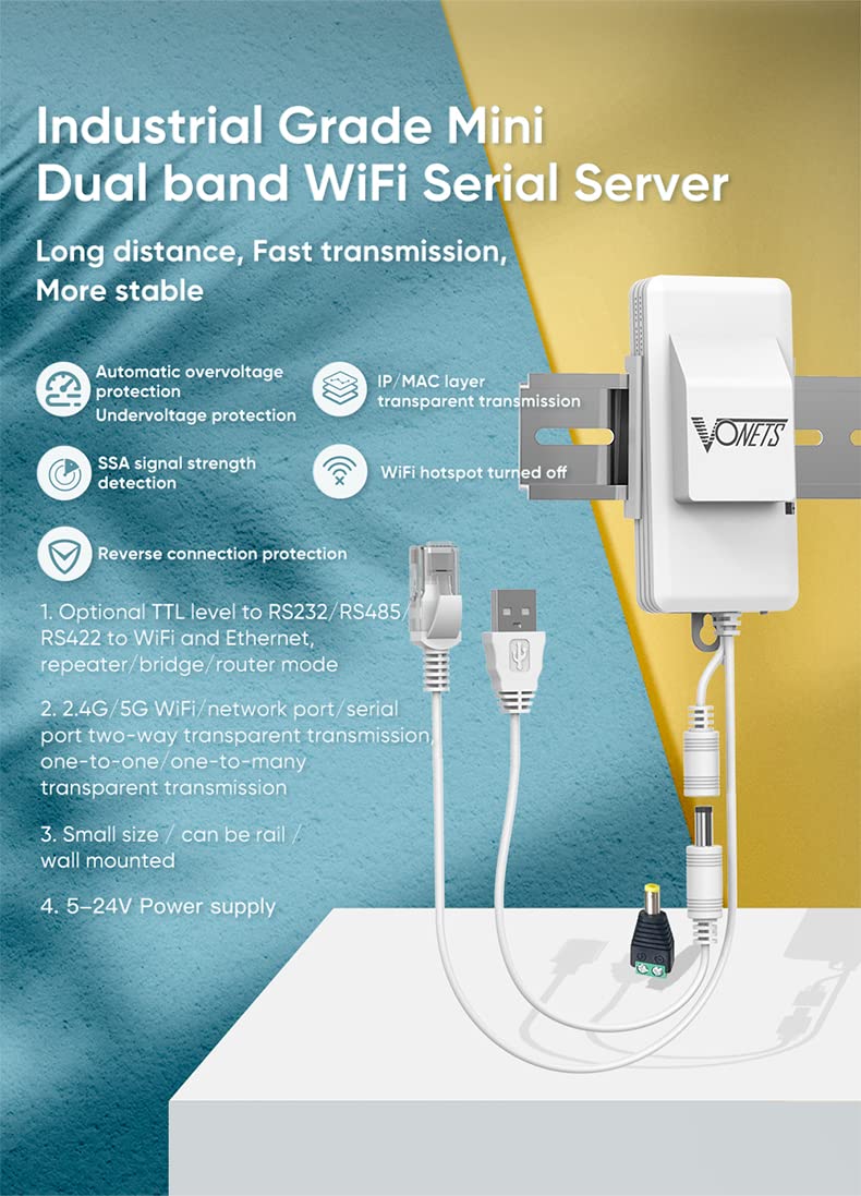 vonets close-up of ethernet and serial ports, easy device integration benefit