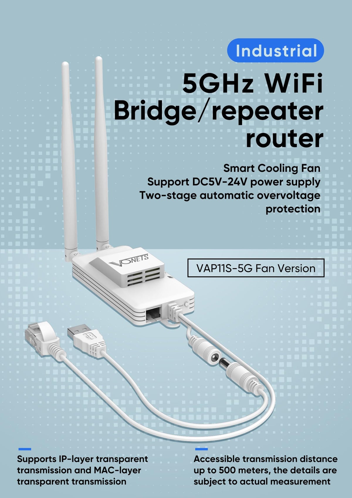 Vonets VAP11S-5G rear view displaying two RJ45 ports and cable connector for flexible cabling
