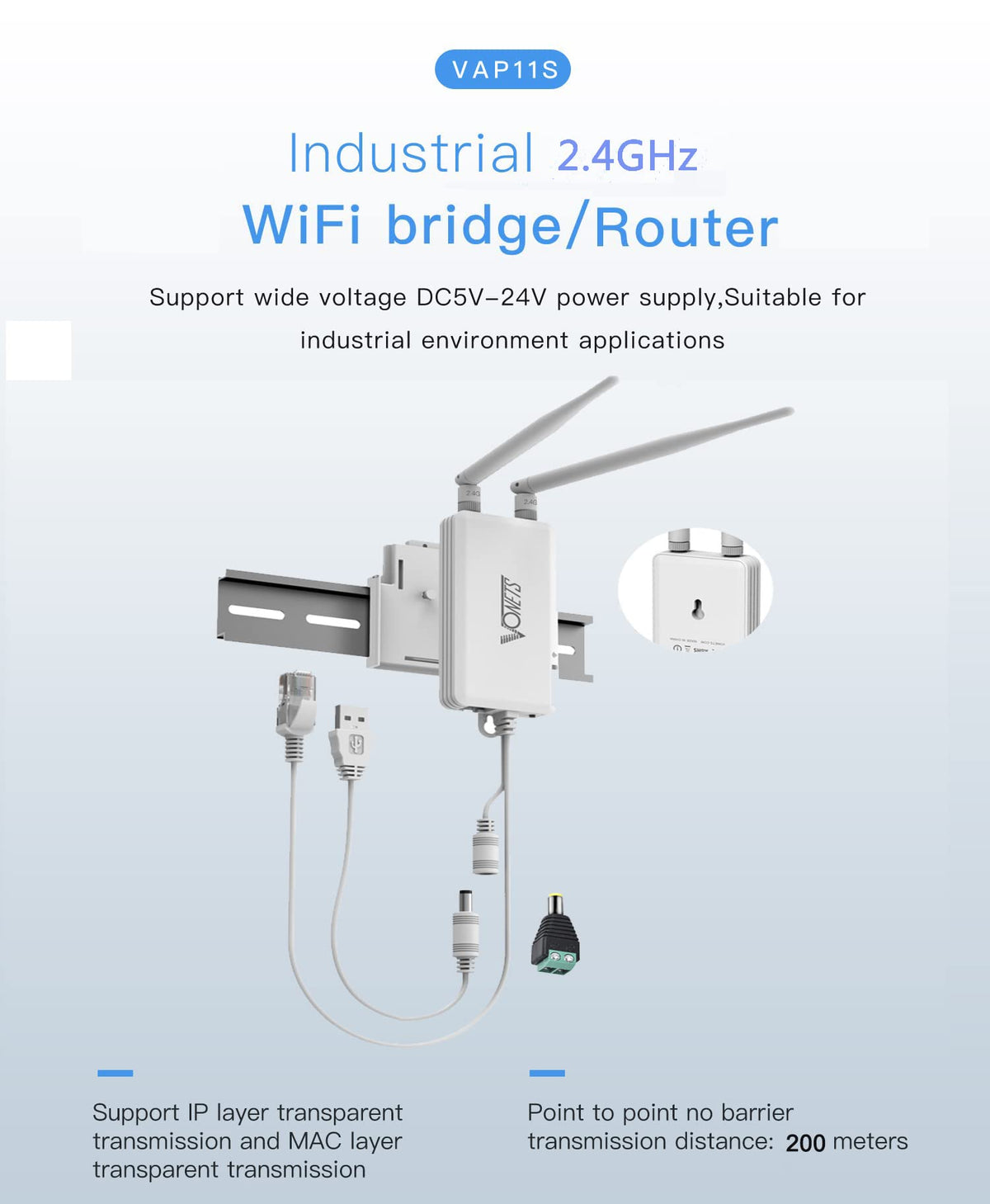 VONETS side ports close-up with two RJ45 connectors, easy wired device hookup