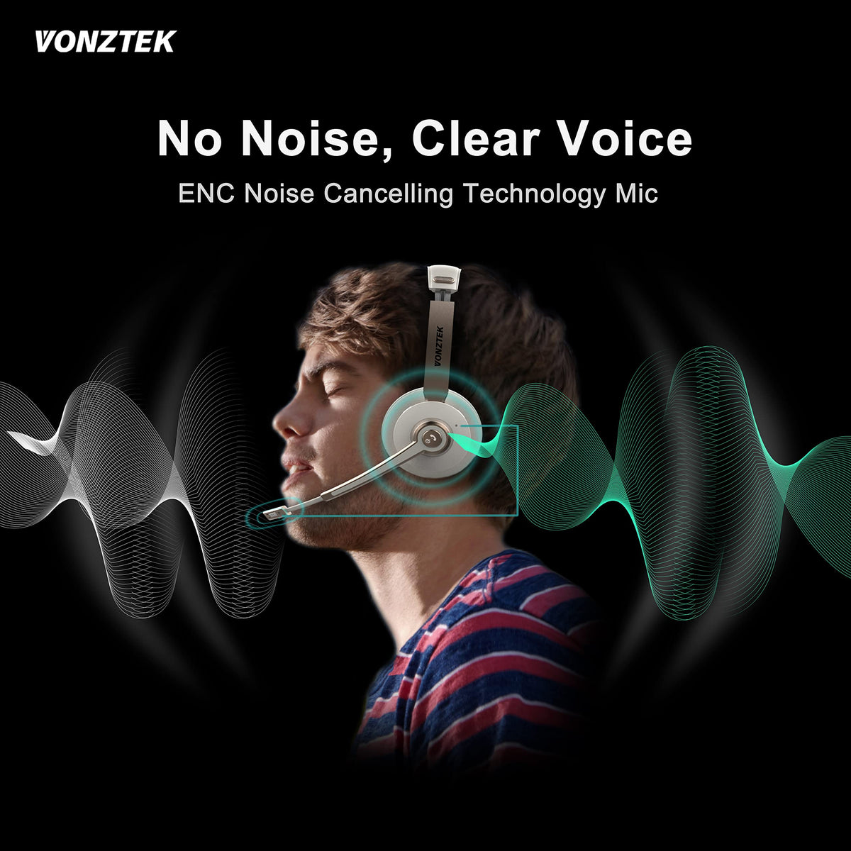 Vonztek headset held in hand for size comparison showing lightweight portability benefit