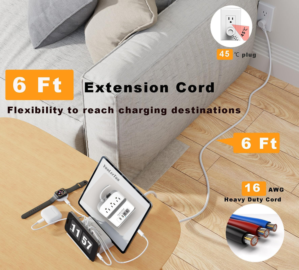 Six-foot flat extension cord allows flexible placement.