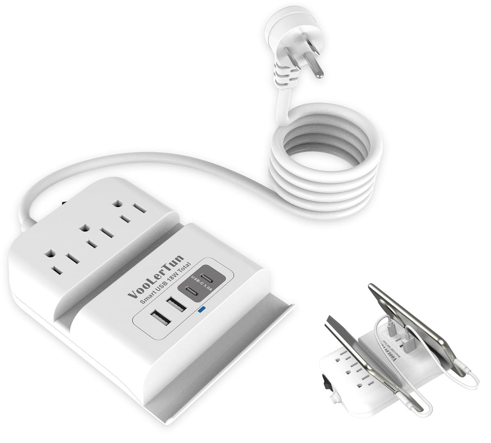 VooLerTun surge protector front view with USB ports for convenient charging.