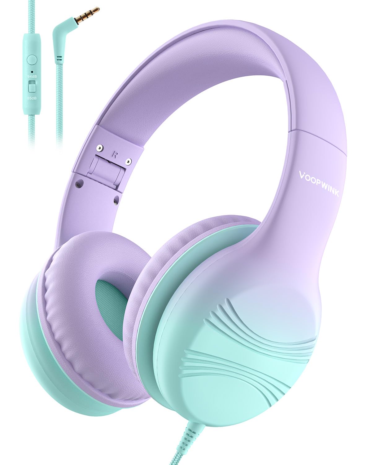 Voopwink KH5 green-violet over-ear headphones folded for travel, compact and durable.