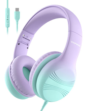 Voopwink KH5 USB-C kids headphones, front view, comfortable fit in green and violet.