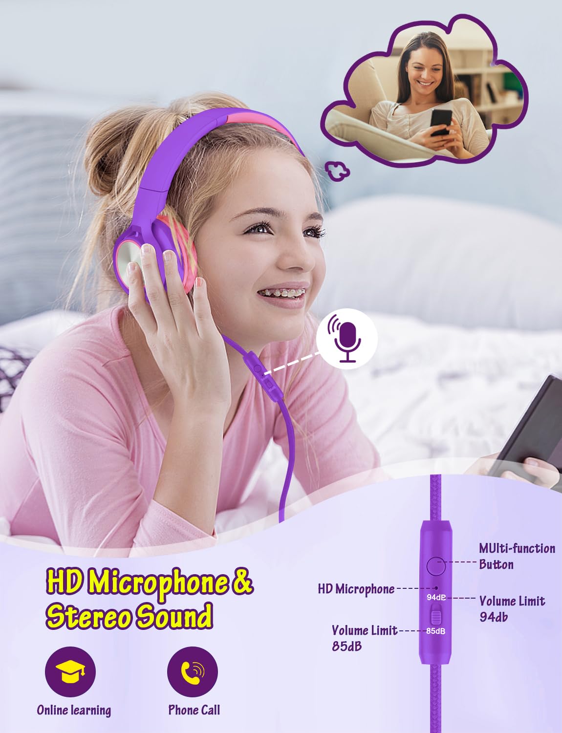 Voopwink kids headphones on head showing comfortable wear.