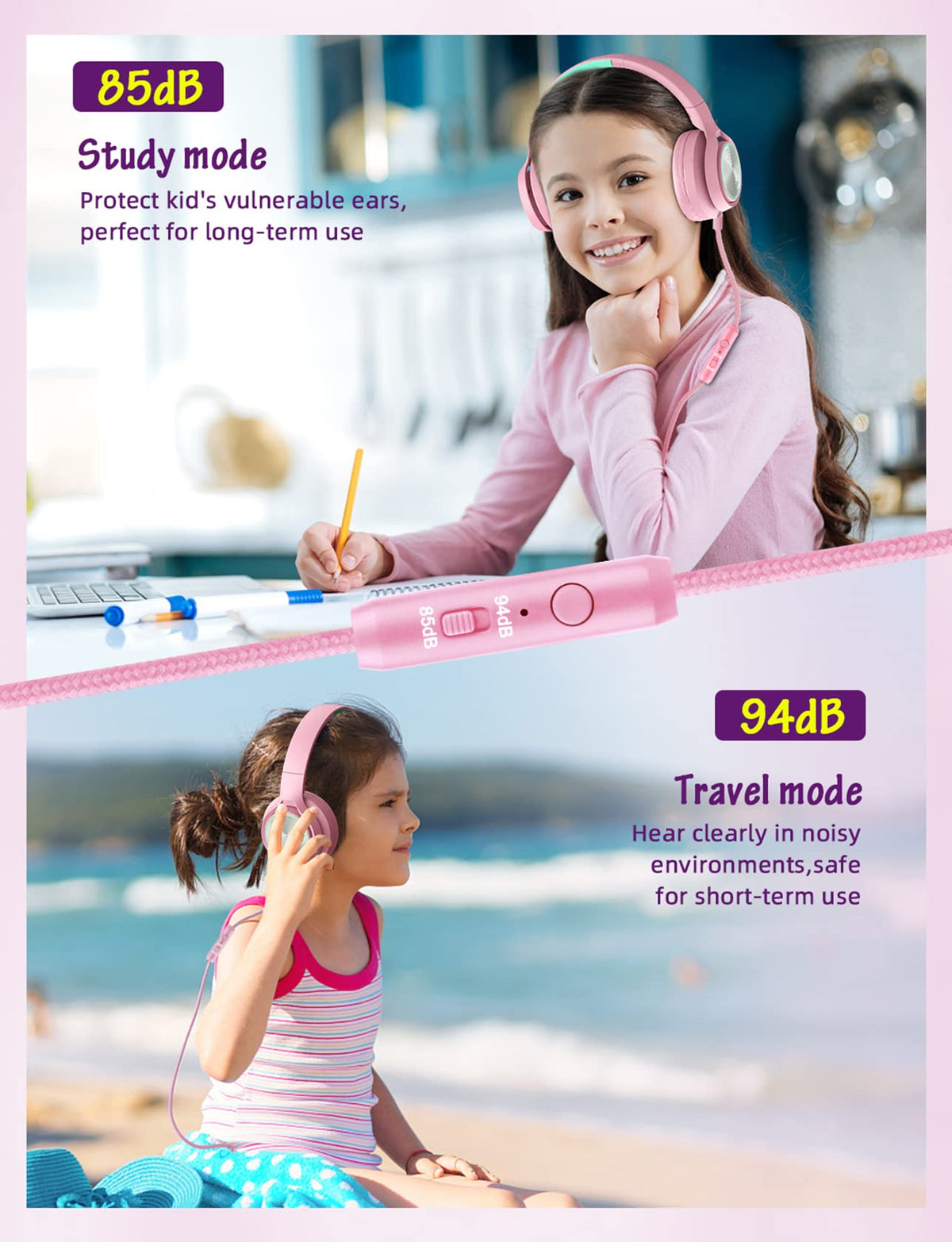 Voopwink pink headphones with adjustable headband for a secure fit.
