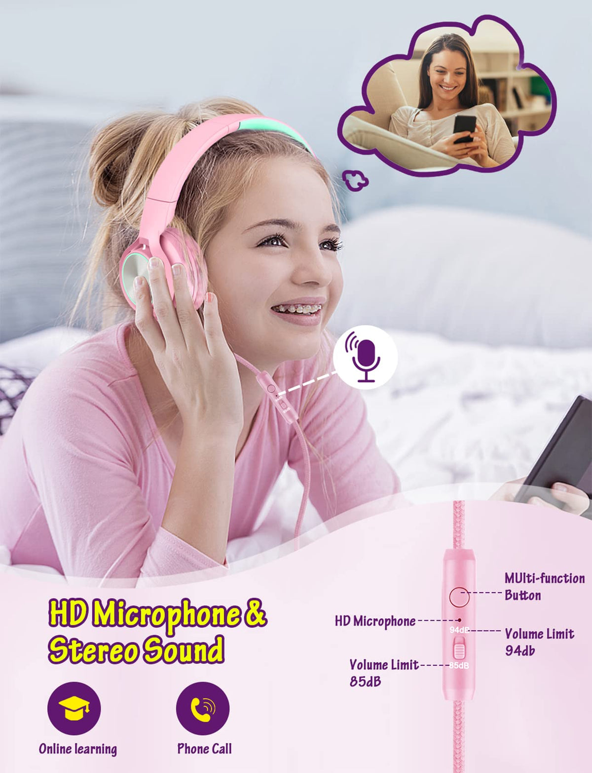 Voopwink pink headphones with soft cushions for comfortable all-day wear.