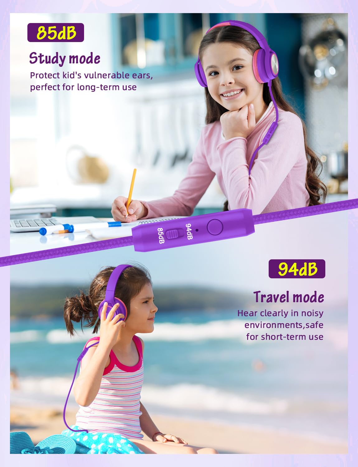 Voopwink kids headphones volume limit switch in use for different environments.