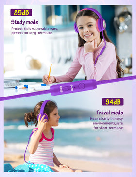 Voopwink kids headphones volume limit switch in use for different environments.