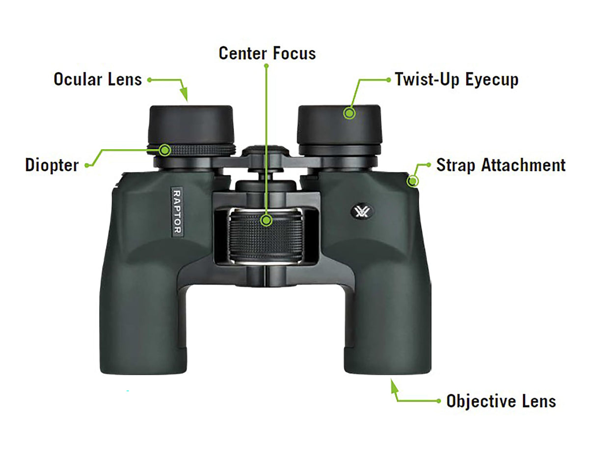 Vortex Raptor 10x32 binoculars rugged rubber armour protects against bumps and weather.