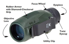 Vortex Solo monocular 10x36 with utility clip attached to gear