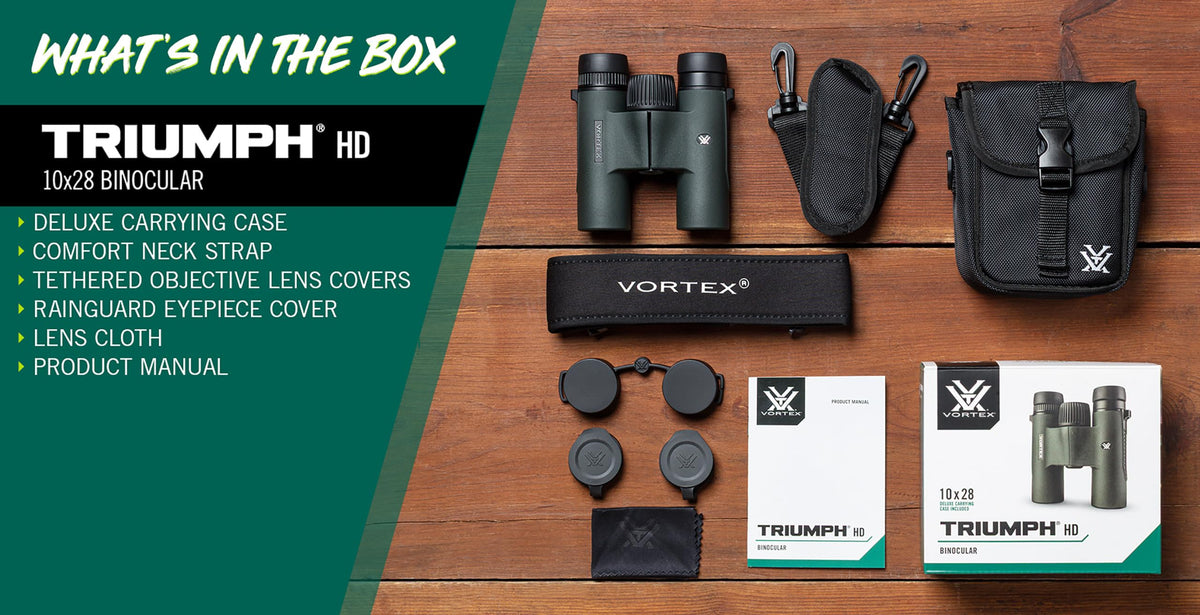 Vortex Triumph HD 10x28 binoculars tripod adaptor for stable viewing.