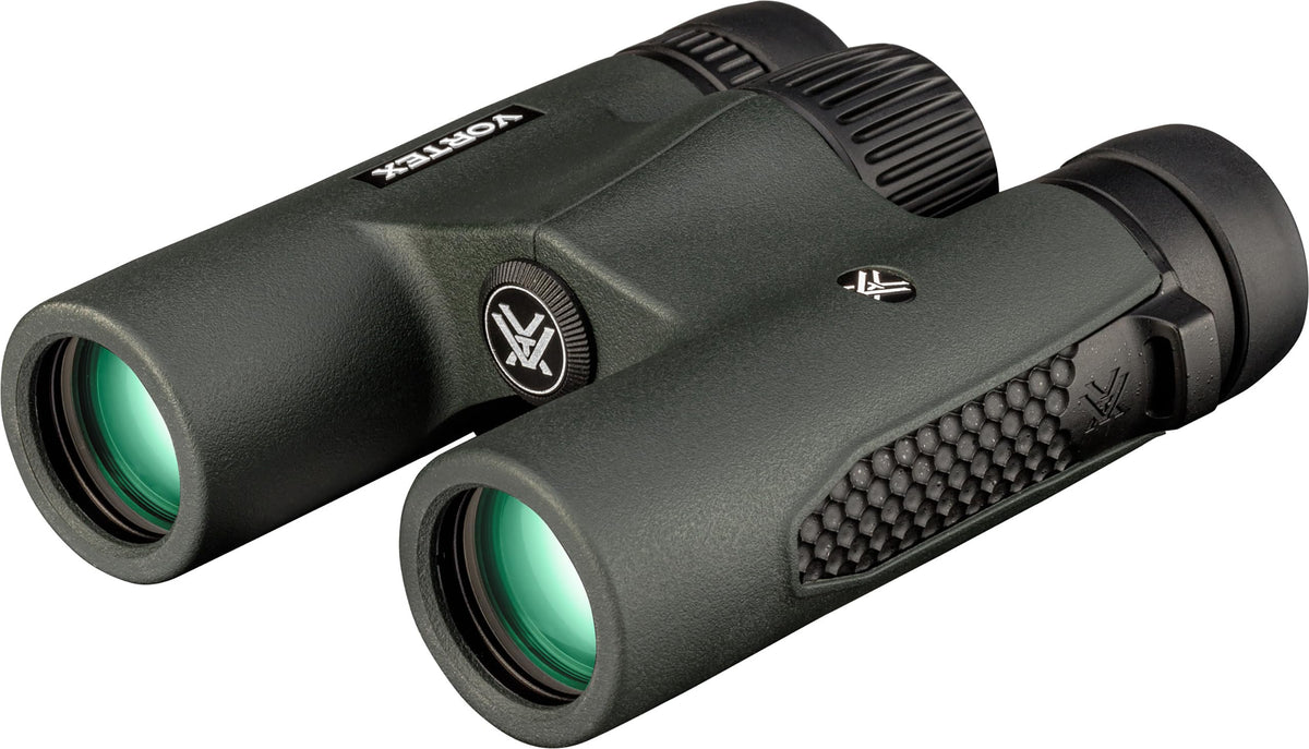 Vortex Triumph HD 10x28 binoculars lens close-up showing multi-coated optics.