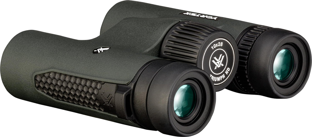 Vortex Triumph HD 10x28 binoculars with neck strap and deluxe carry case for travel.