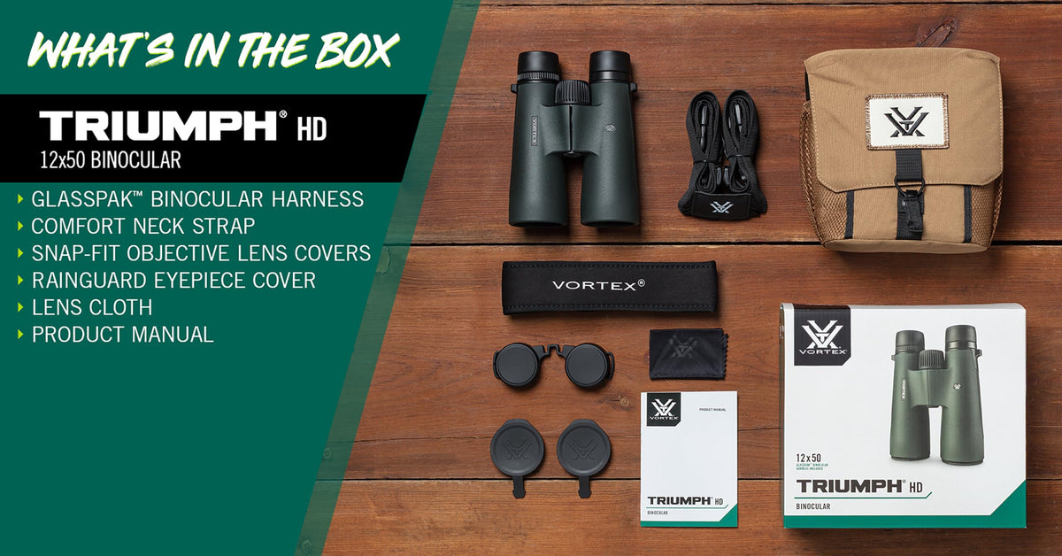 Vortex Triumph HD 12x50 binoculars tripod adaptable for steady viewing.