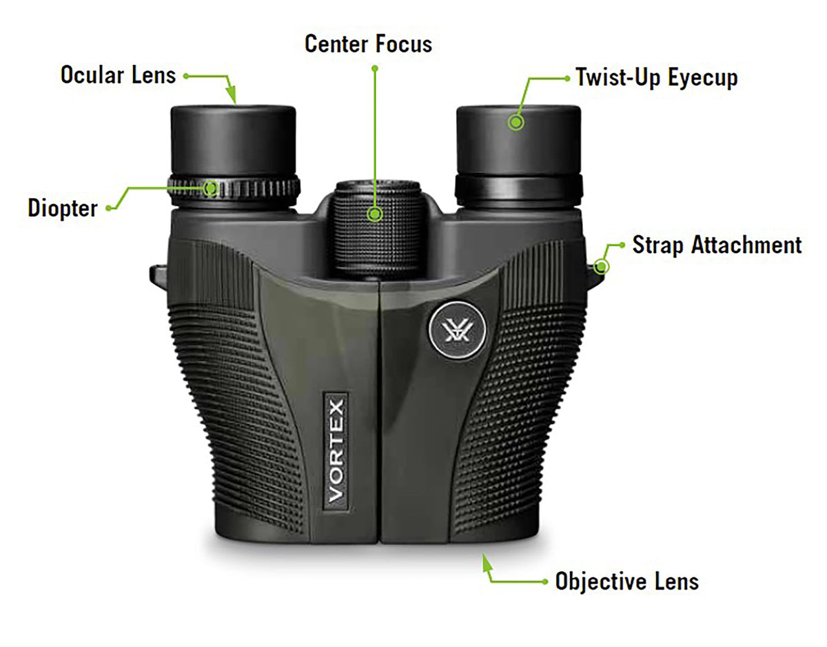 Vortex Vanquish 8x26 binoculars sealed housing for waterproof use.