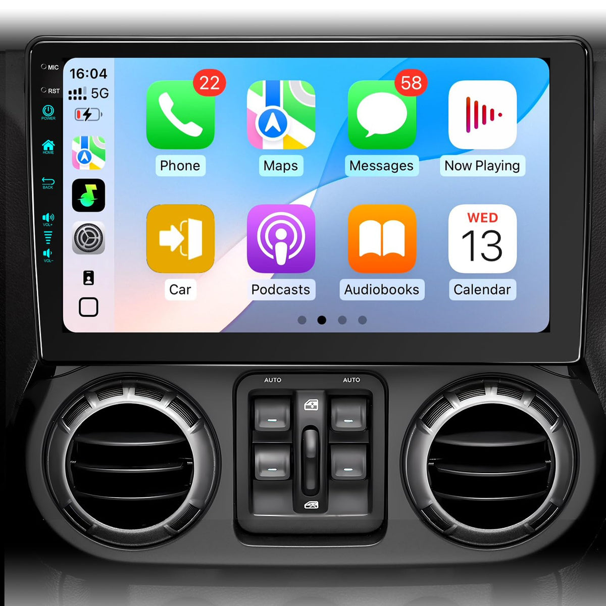 Vosynok 10.2-inch Android radio front panel showing CarPlay readiness and vehicle-ready interface