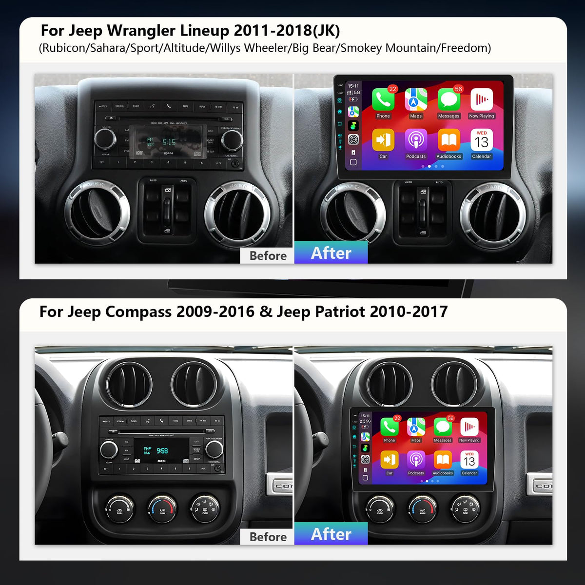 Vosynok Android 13 home screen displays intuitive UI and app access for Jeep users